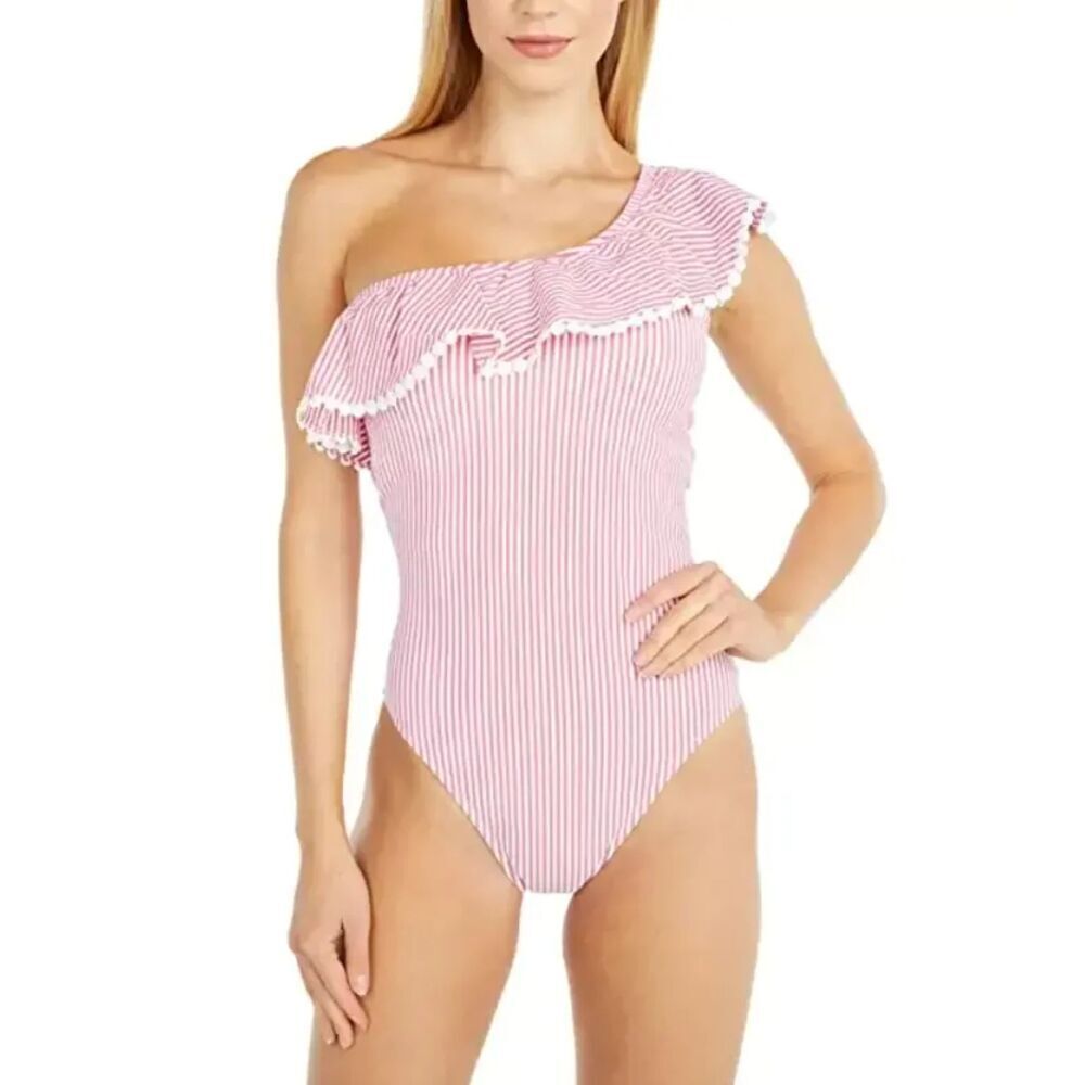 J. CREW Red White Stripe One Shoulder Ruffle One Piece Swim Bathing Suit Size 8